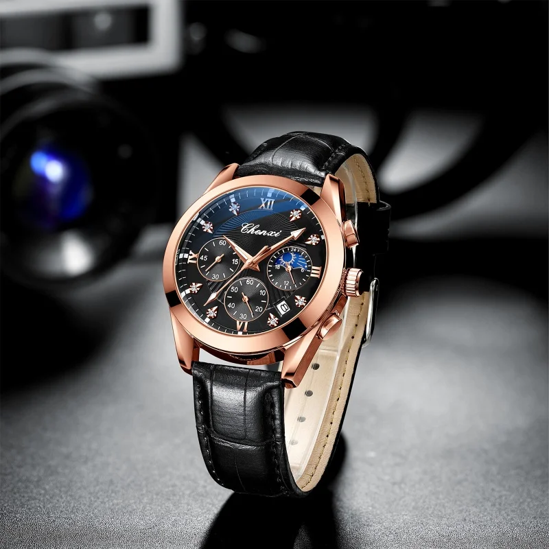 CHENXI 903 Relógio de quartzo masculino elegante cronógrafo fase da lua calendário luminoso pulseira de couro à prova d'água relógios de moda para homens