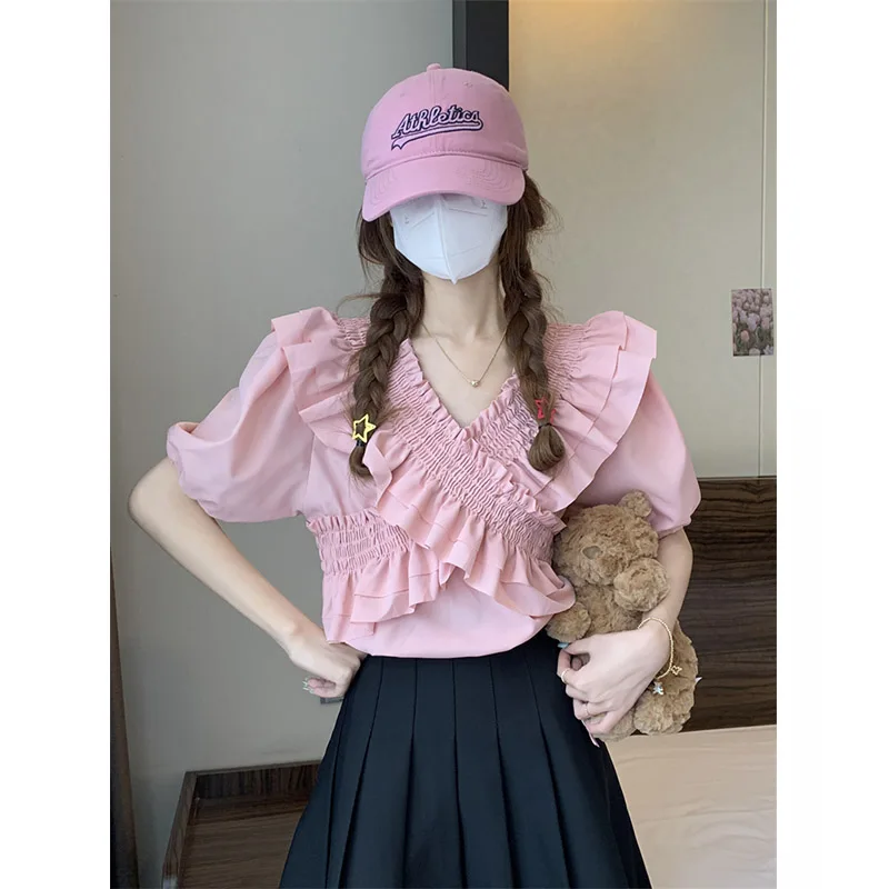Summer Fashion Ruffles Solid Short Sleeve Blouses Women's New Elegant Slim V-neck Thin Elastic Tops