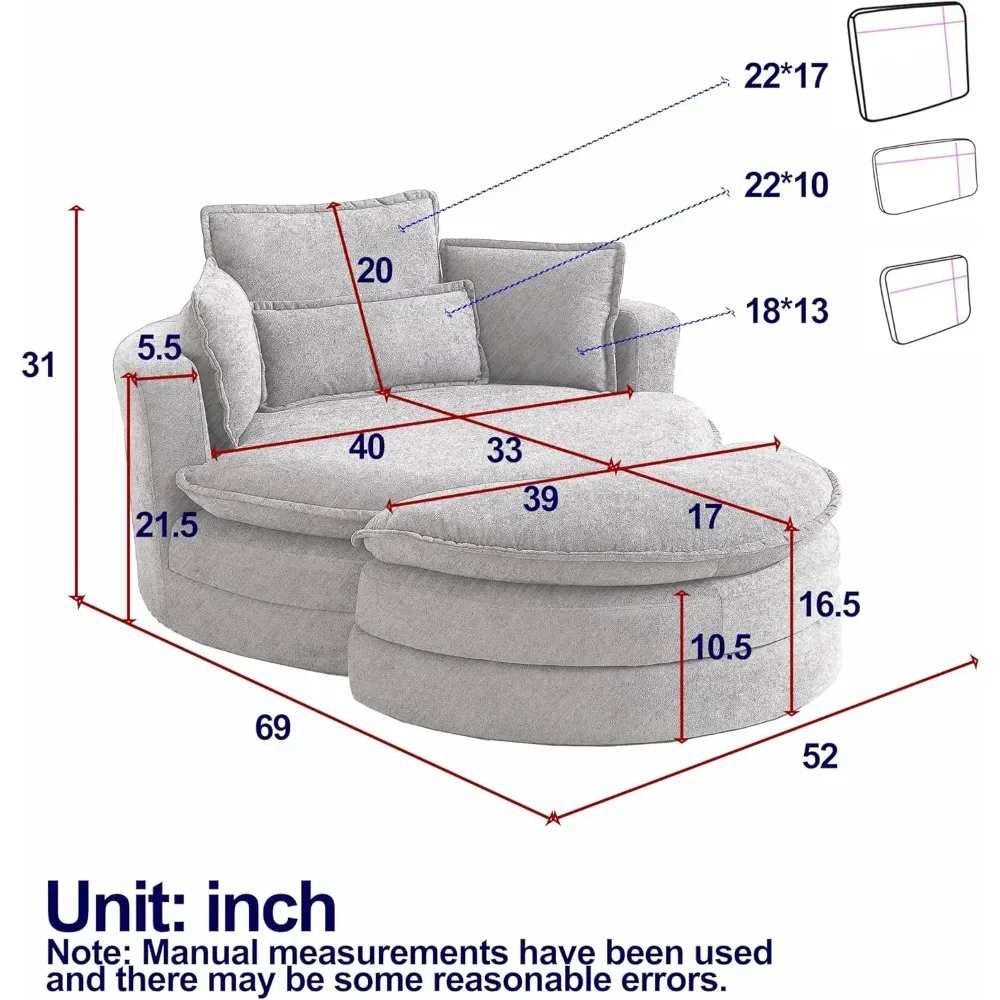 Comfy Swivel Barrel Chair with Ottoman, Chenille Fabric Swivel Accent Chair, Tufted Upholstered Oversized Chair