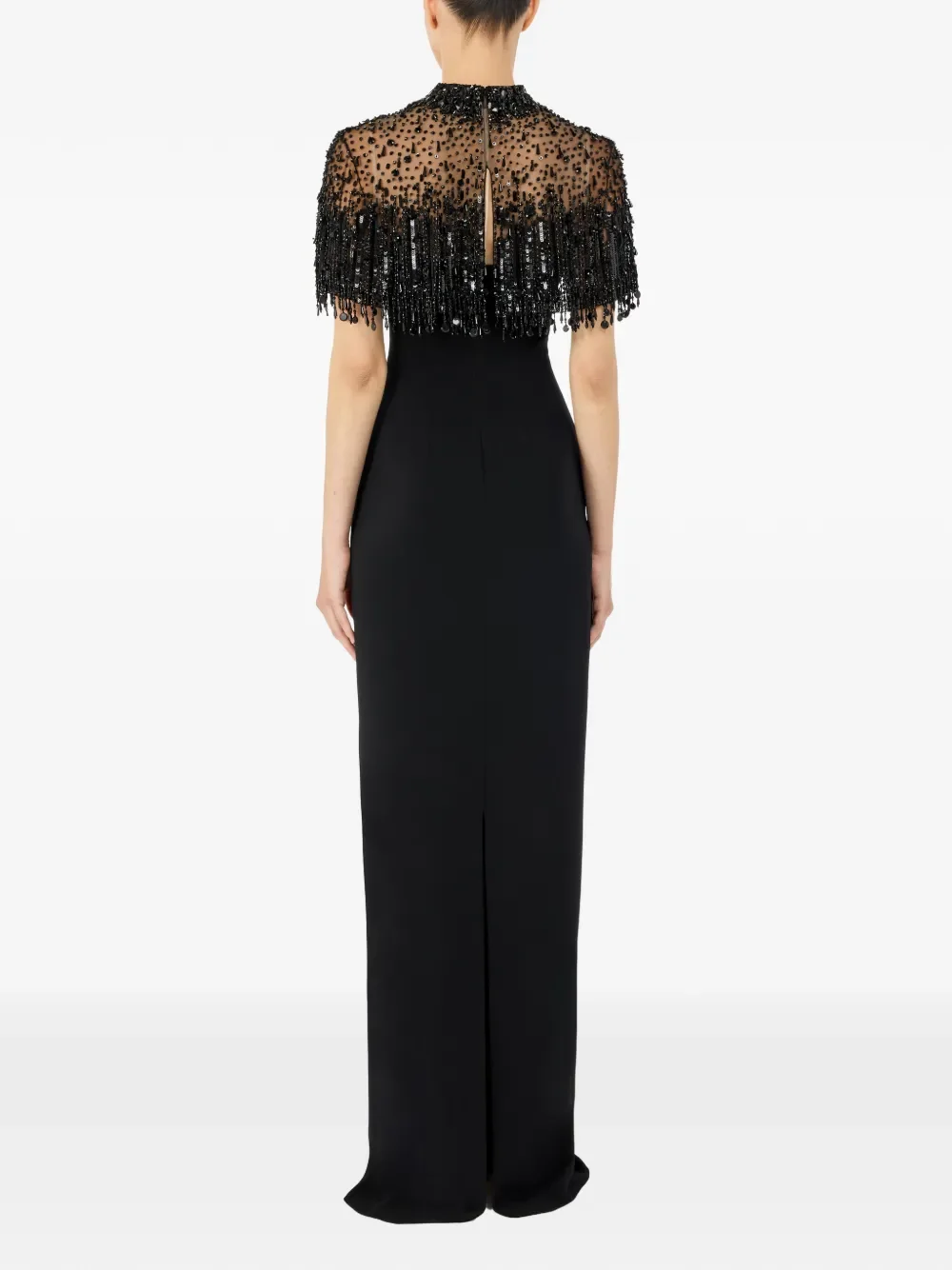 Luxuriöse Perlen-Partykleider, hoher Kragen, kurze Ärmel, schwarzes Jersey, gerade geschnittenes, bodenlanges Abendkleid, Kleid mit Reißverschluss hinten, individuell gestaltet