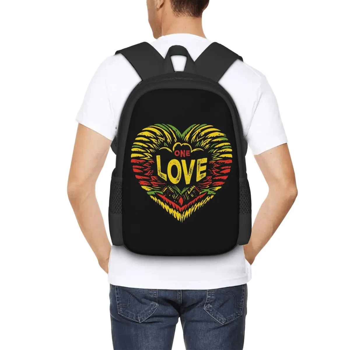 

Reggae Rasta ONE LOVE Heart Essential Student Backpack School Bag Hiking Travel Daypack Men Women Fashion Bookbag Shoulder Bags