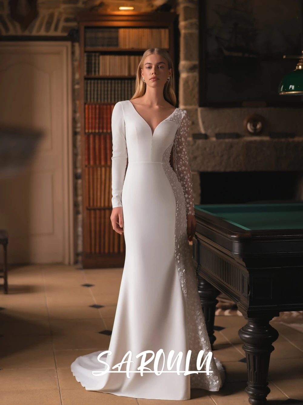 

Glamorous Long Sleeved Bridal Dress With Floral Lace, Modern Deep V Neck Mermaid Wedding Gown For Bride, Customized, Popular