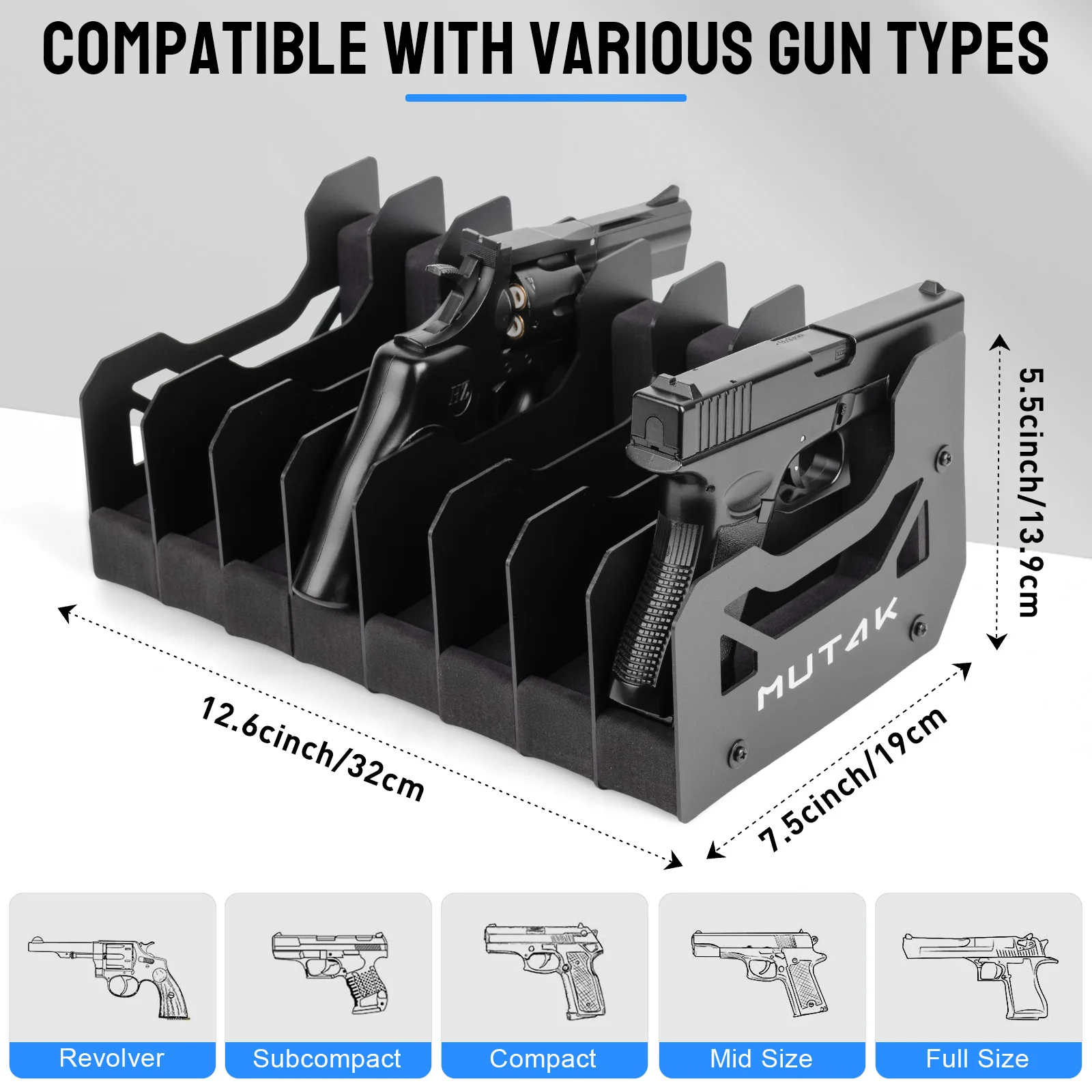 Mutak 8 Slots Pistol Rack for Gun Safe,Foam Handgun Rack with Anti-slip Magnetic Strip Revolver Pistols Holder Indoor Gun Rack