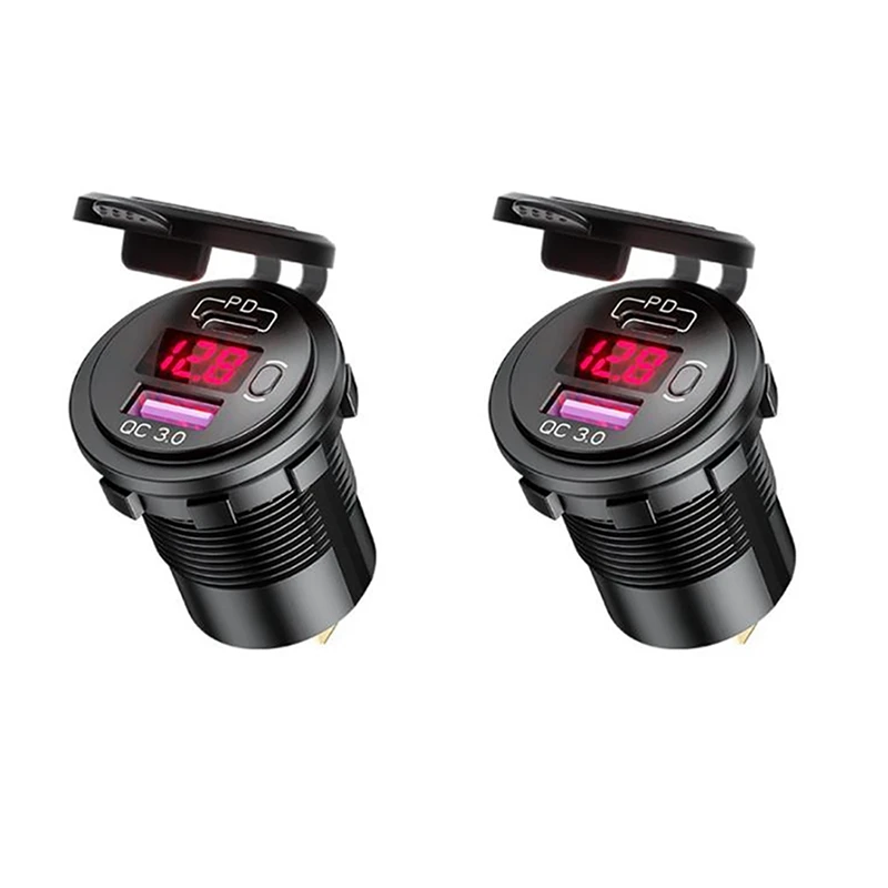 2X PD Type C 48W Dual USB Car Charger Socket, QC 3.0 Car Fast Charger With Voltmeter And Switch For Boat Truck RV,Red