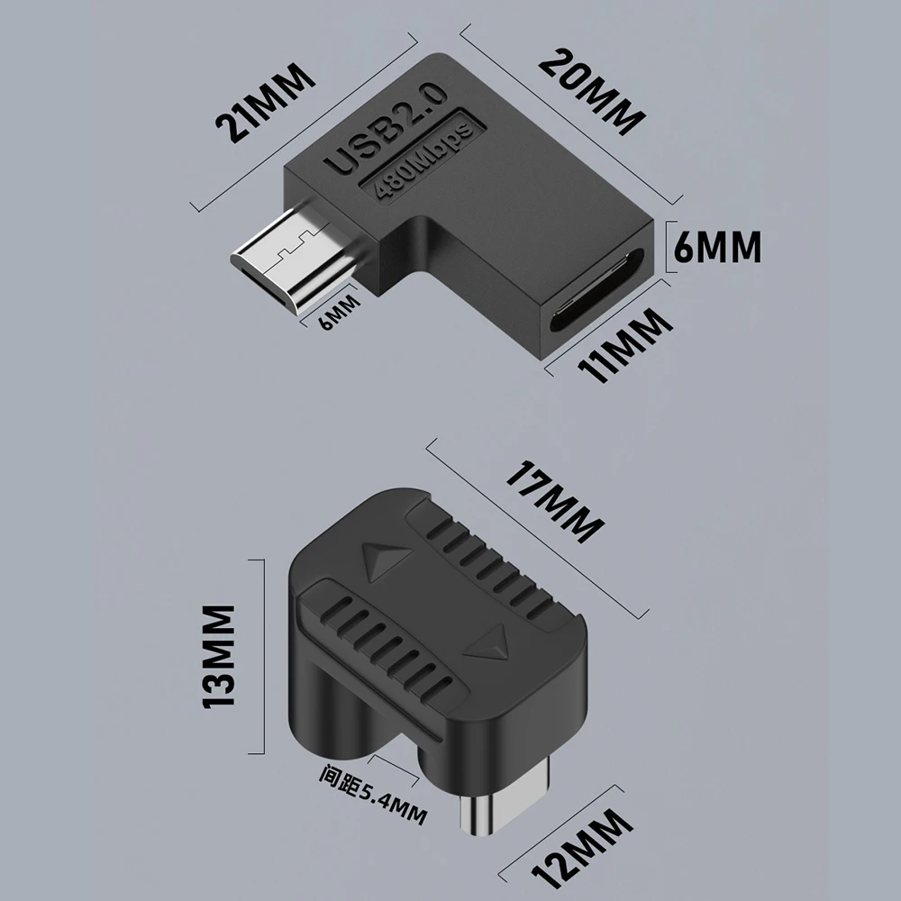 90/180 Degree Elbow Type-C to Micro-USB Converter U Shape USB-C 2.0 Charging Connector for Android Mobile Phone Tablet Adapter