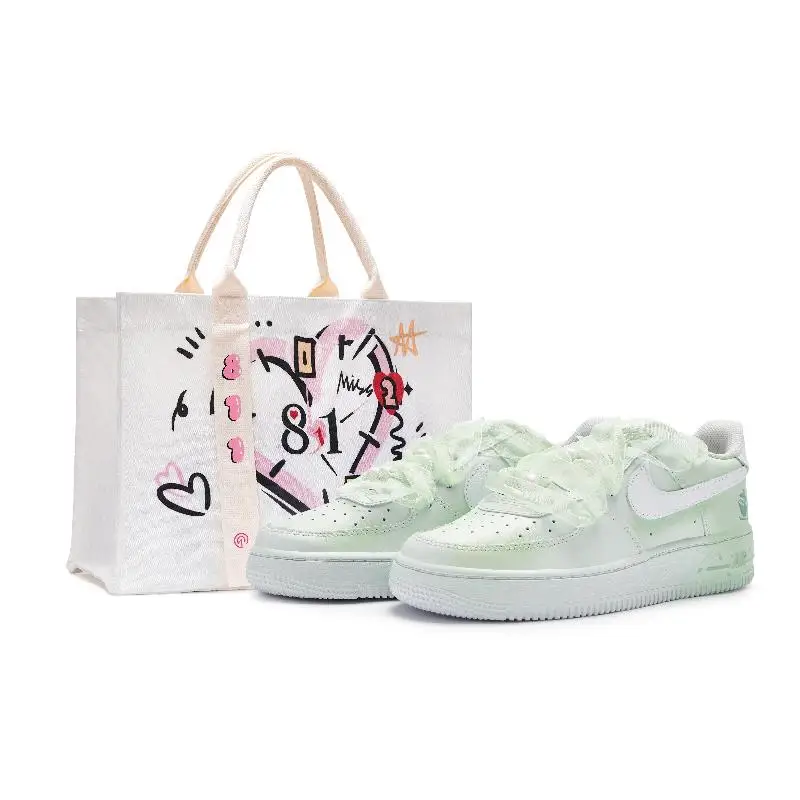 

[Custom Women's late Spring Tea Event S-BOX]Nike Air Force 1 Low Top Skateboard Shoes GS White Green