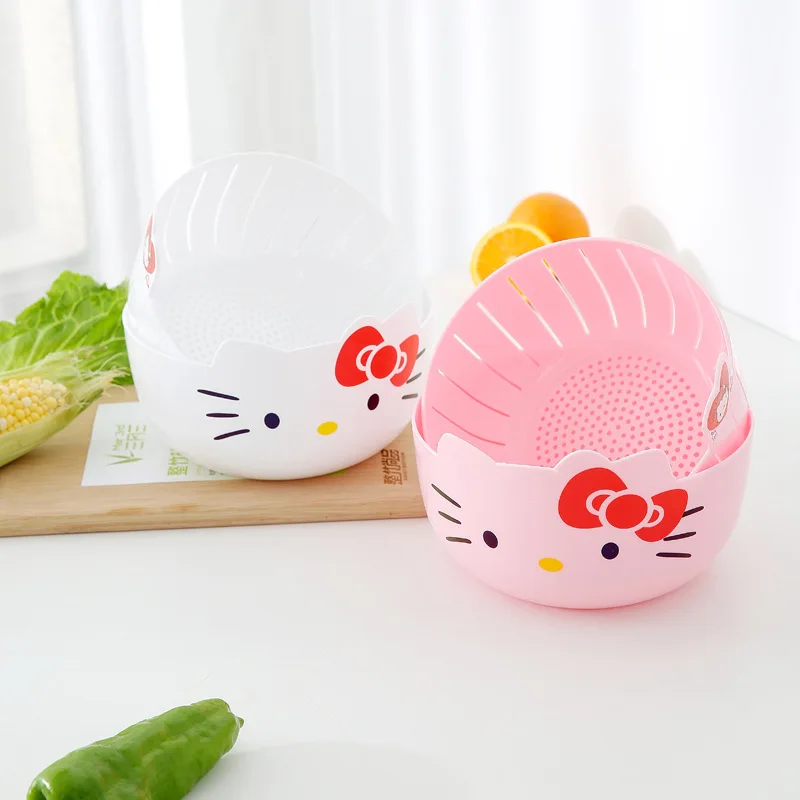 

Kawaii Sanrio Anime Circular Vegetable Washing Basin Cute Hello Kitty Cartoon Portable Bilayer Water Fruit Basket Gift for Girl