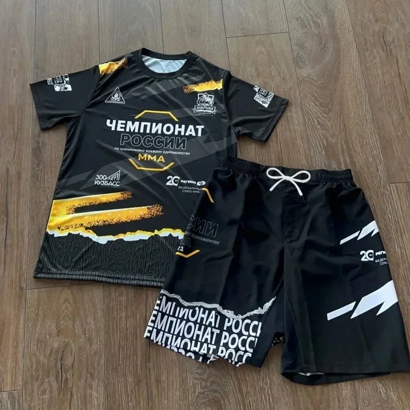 2026  Hot Selling Russian Championship Fighting Suit: Professional Quick drying Tight+Theme Shorts Men's Fighting Training Set