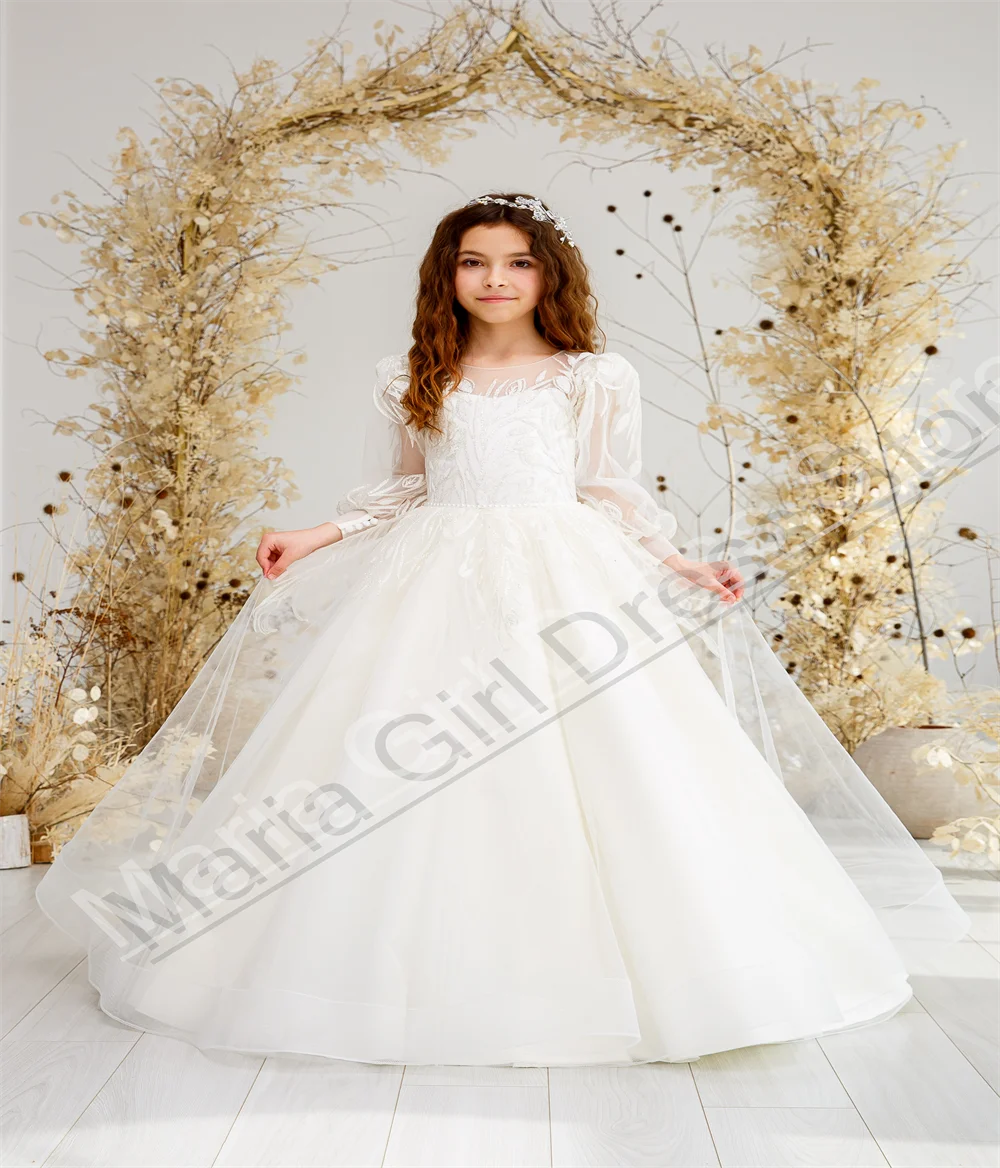 

Белое прозрачное платье с длинными рукавами для девочек с пышной кружевной аппликацией и галстуком, подходящее для детской одежды принцессы на день рождения