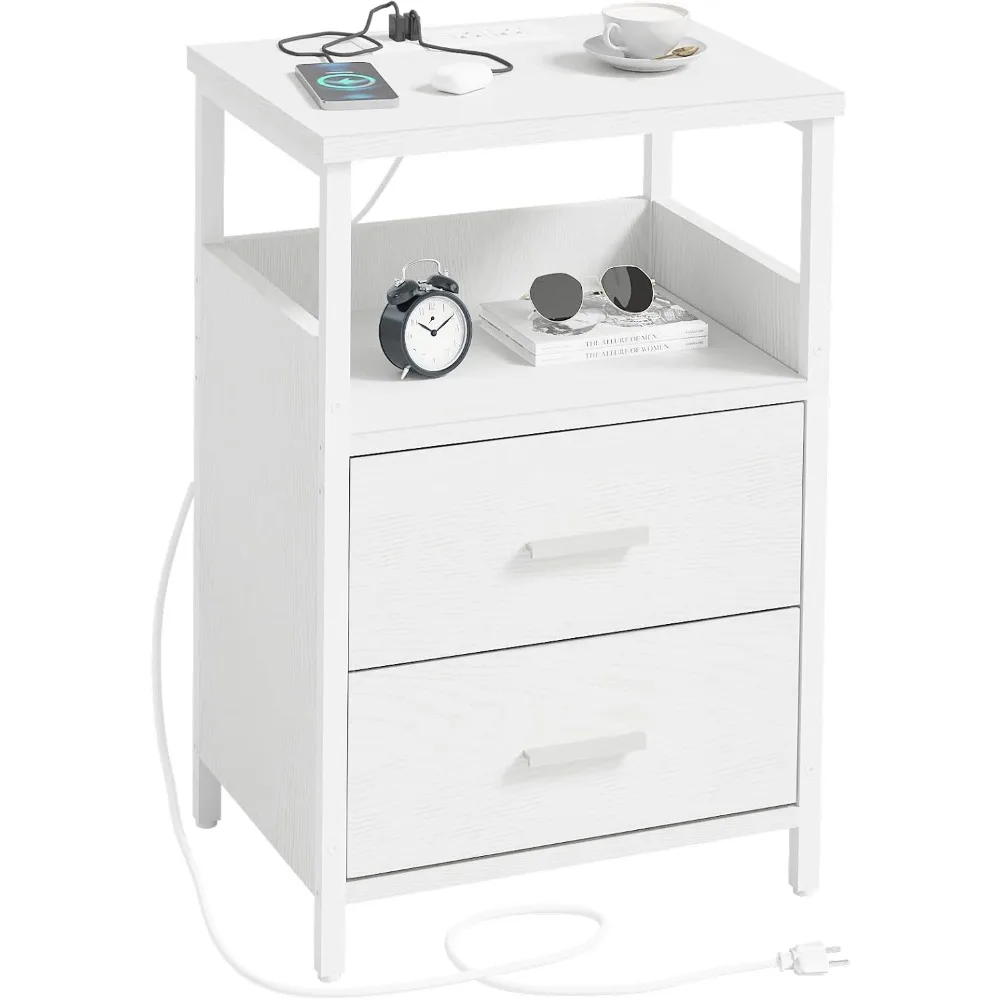 

Nightstand with Charging Station, End Table with Fabric Wood Drawer, White Side Table Bedside Tables with USB Ports for Bedroom,