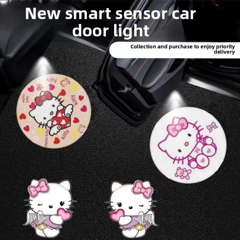 

Kawaii Hello Kitty Car Door Welcome Light sanrio Cartoon Universal Wireless Projection Atmosphere Light cute Car Accessory Gift