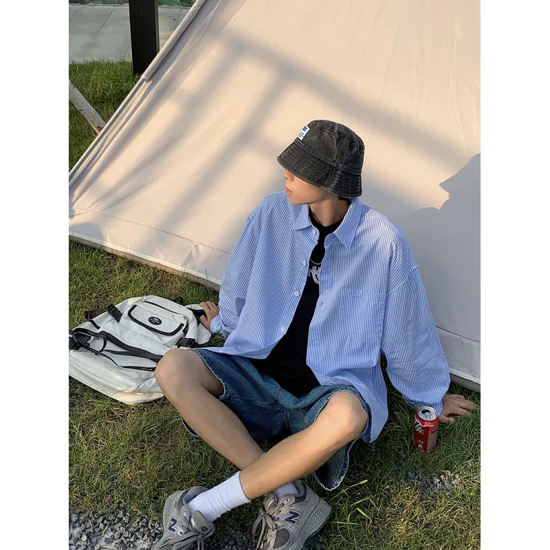 Blue Striped Long Sleeve Men's Shirt Youthful Inner Wear Casual Smart Design Premium Feel Loose Fit Polyester Autumn Wear