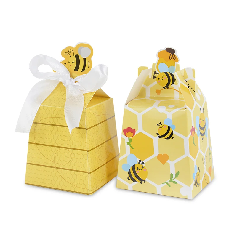 10pieces Paper Bee Favors Candy Boxes Gifts Box with White Ribbons for Kid Bee Birthday Party Baby Shower Wedding Party Supplies