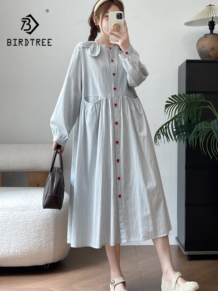 New 2026 Autumn Women Cotton Long Sleeve Dresses, O Neck Striped 3D Bow, Mori Girl French Sweet INS Loose A-line Dress D67886CC