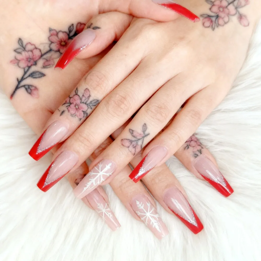 

Christmas Red Press On Fake Nails With Glue Acrylic Long Ballerina Coffin Nails DIY Woman Manicure Fingertips Wholesale Tools