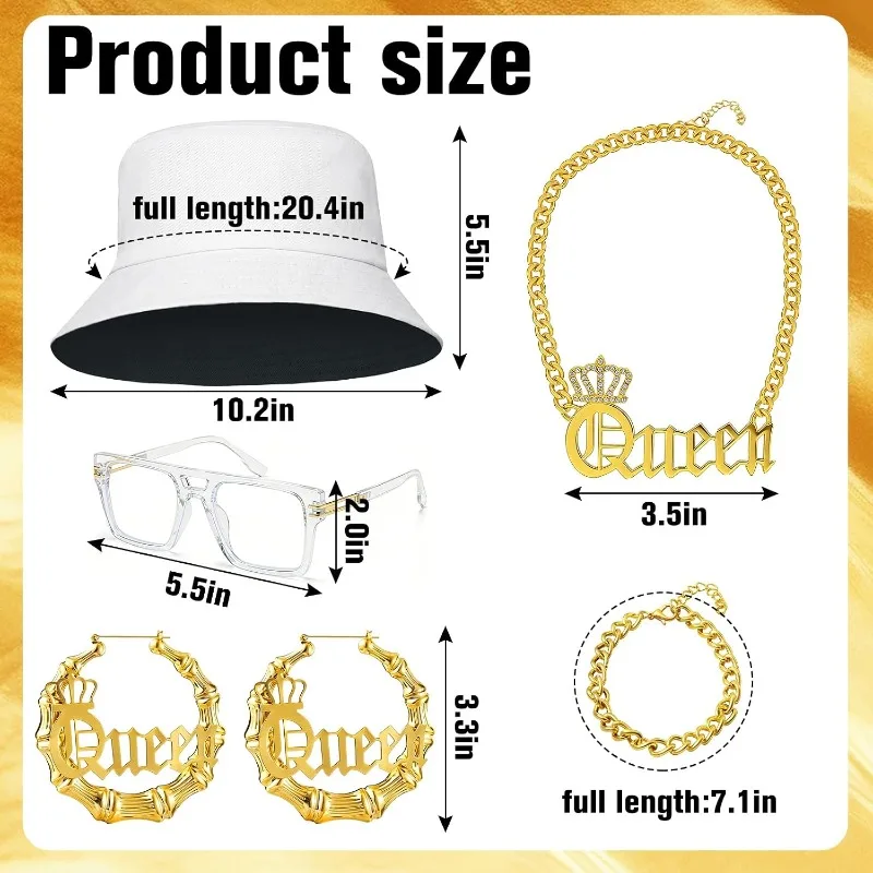 5PCS/SET Hip Hop Queen Costume Kit 80s 90s Rapper Accessories DJ Retro Disco Kit Party Club Halloween Cosplay Dress Up Accessory 4