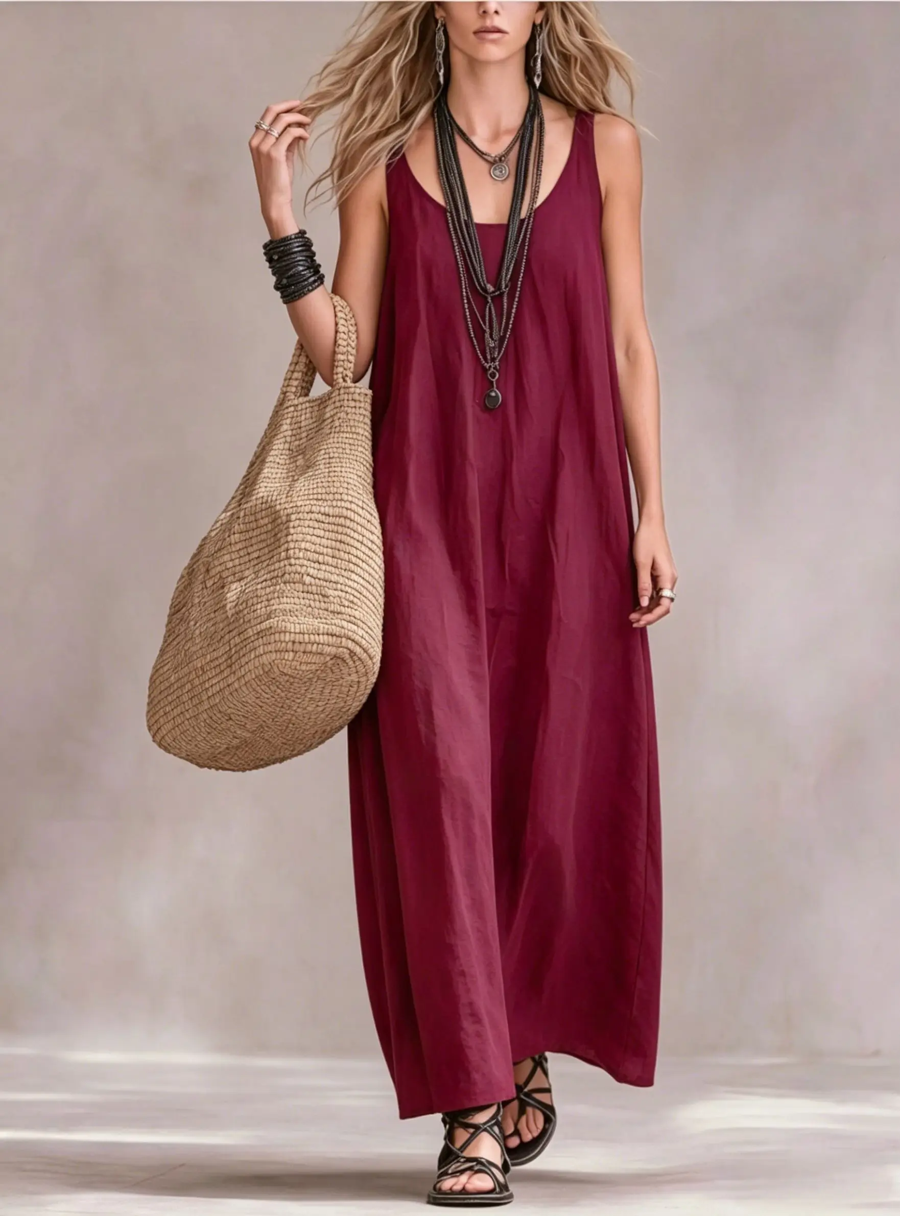 Damen Fließendes Ärmelloses Langes Kleid Lässiger U-Ausschnitt Locker Sitzendes Maxikleid Vielseitiges Sommer-Urlaubs-Party-Pendler-Outfit – Detail 17