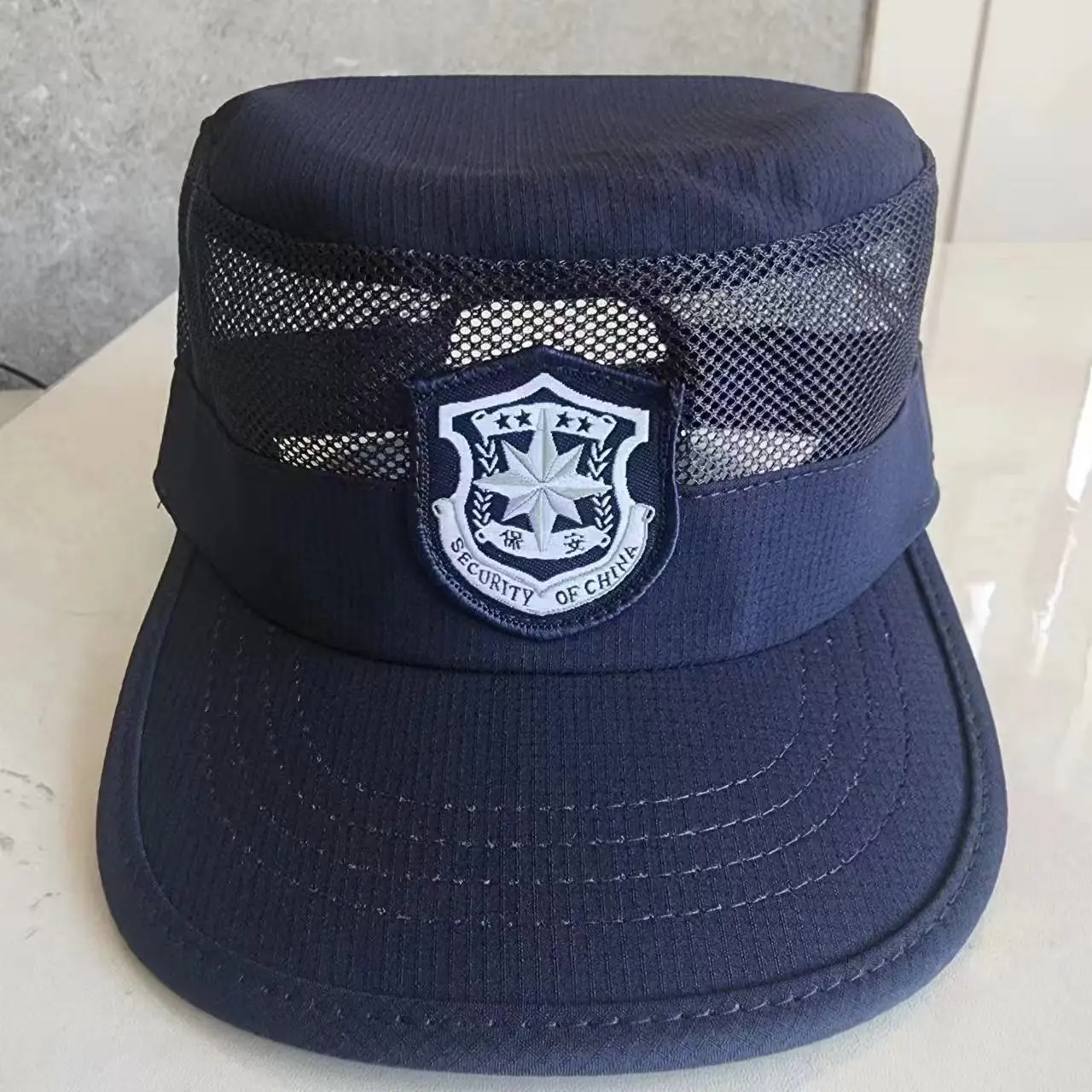Summer Breathable Mesh Security Cap, Black Flat Top Adjustable Duty Hat, Property Guard Security Work Hat