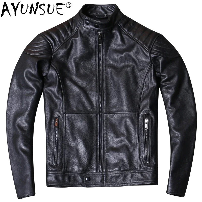 

2021 Fashion Cowhide Leather Jacket Men Stand Collar Short Motorcycle Autumn Coat Streetwear Men Clothing Veste Homme WPY3698