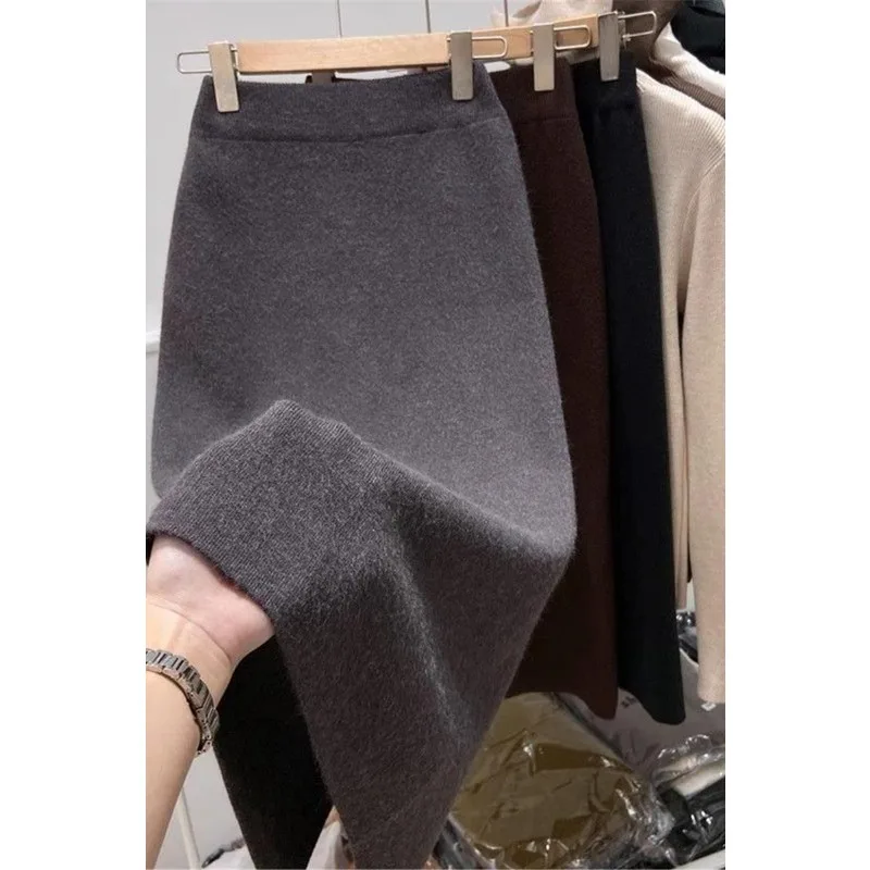 冬の女性用厚手ニットスカート、新スタイル、小さめハイウエスト、ワンステップスカート、上品なスリット入りヒップカバーロングスカート