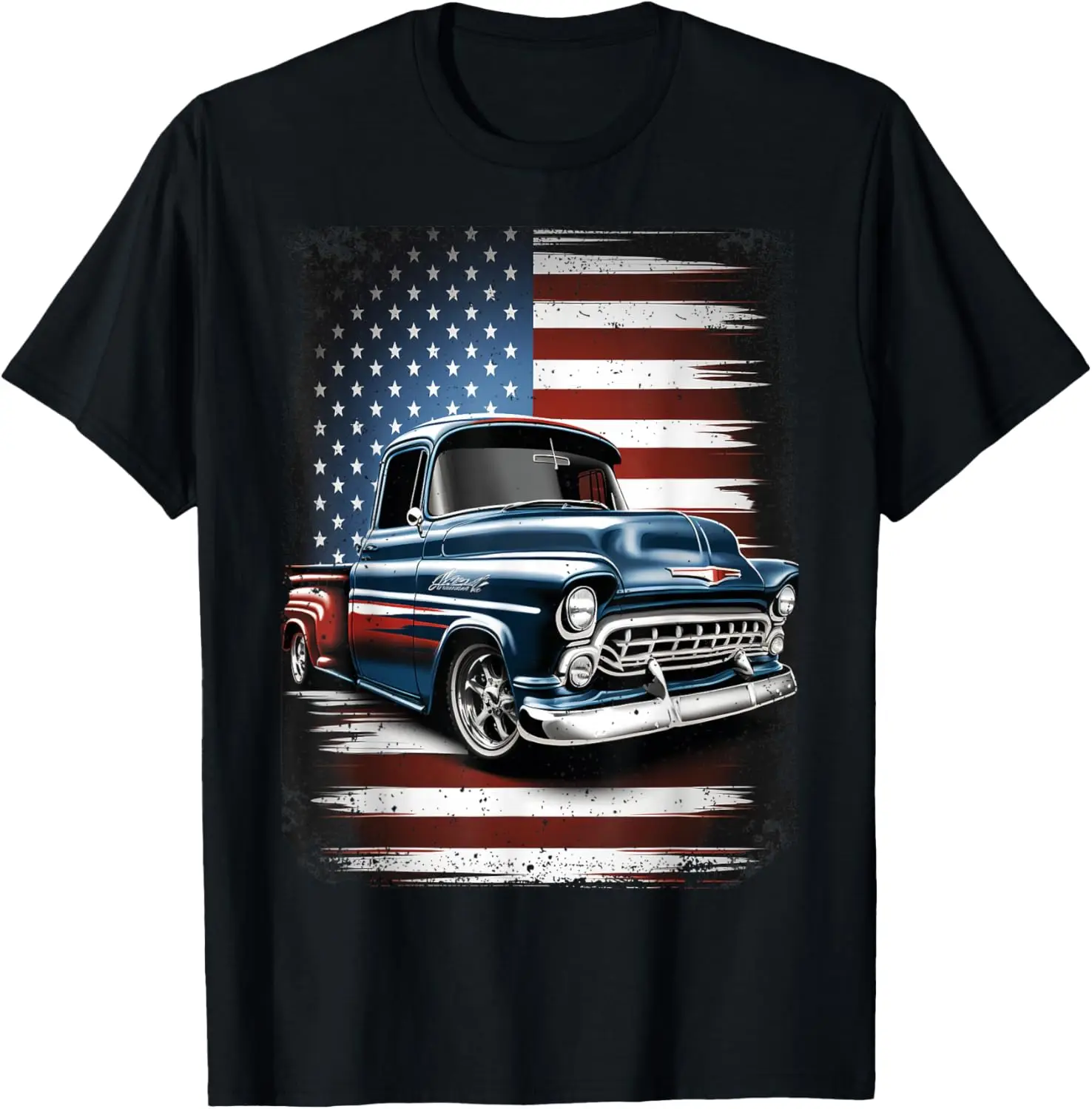 Classic Old Pickup Truck American Flag 4Th Of July Patriotic T-Shirt 100% Cotton Trendy Y2K Short-Sleeve Tee-Soft, Quick-Drying,