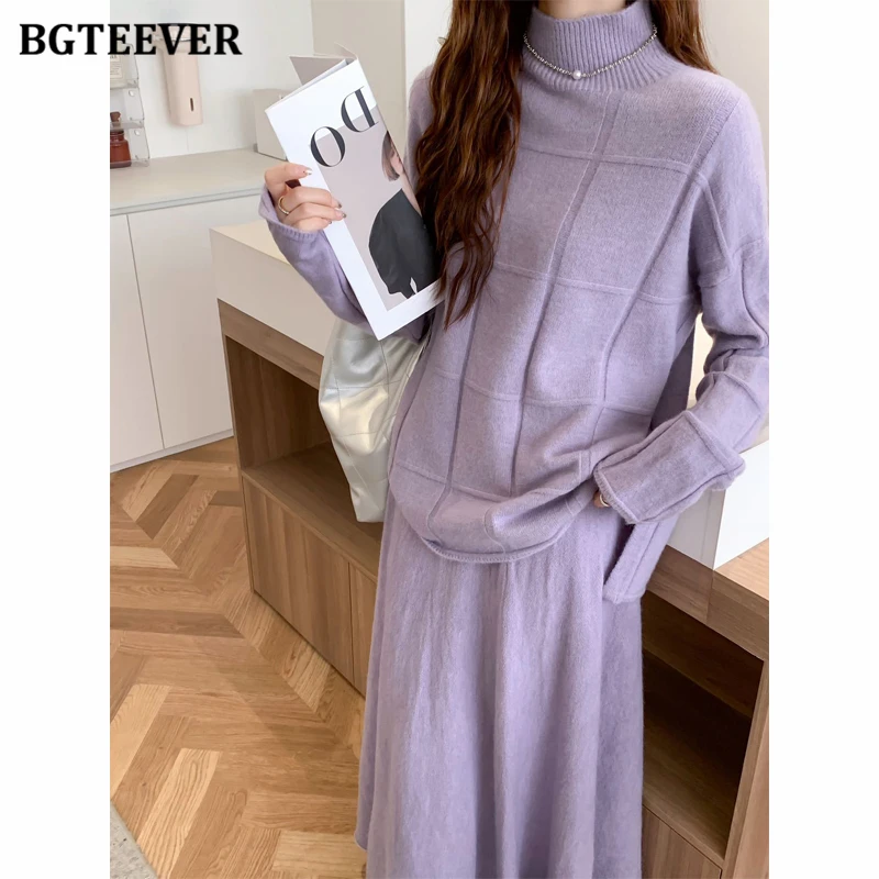 BGTEEVER Autumn Winter Fashion Loose Women Knitted Skirt Set Long Sleeve Turtleneck Sweaters Tops & High Waist A-line Skirts