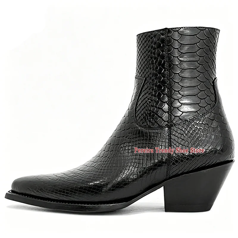

Snake Patterned Embossed Short Boots Genuine Leather Thick Heel Chelsea Boots Autumn Winter Comfortable Handmade Men's Shoes