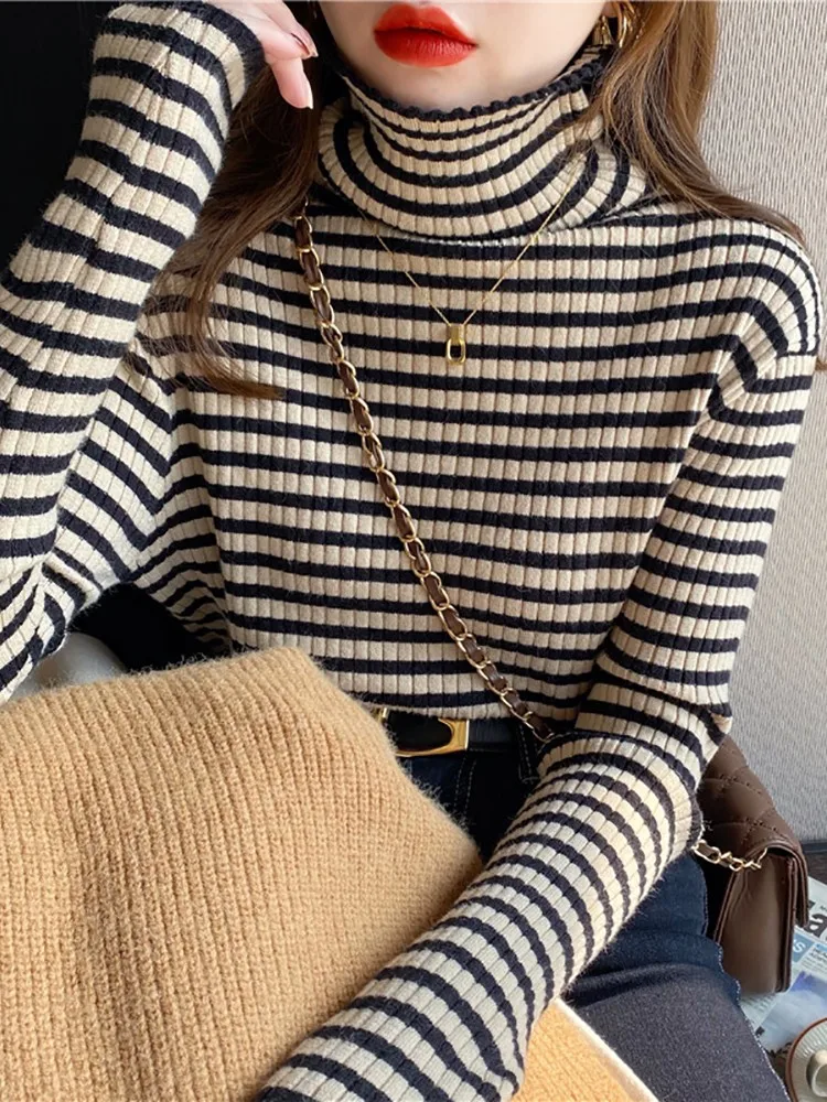 Elegant Stripe Basic Knitted Women Tops Turtlneck Sweater Long Sleeve Casual Slim Pullover Korean Fashion Simple Chic Clothes