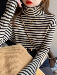 Elegant Stripe Basic Knitted Women Tops Turtlneck Sweater Long Sleeve Casual Slim Pullover Korean Fashion Simple Chic Clothes