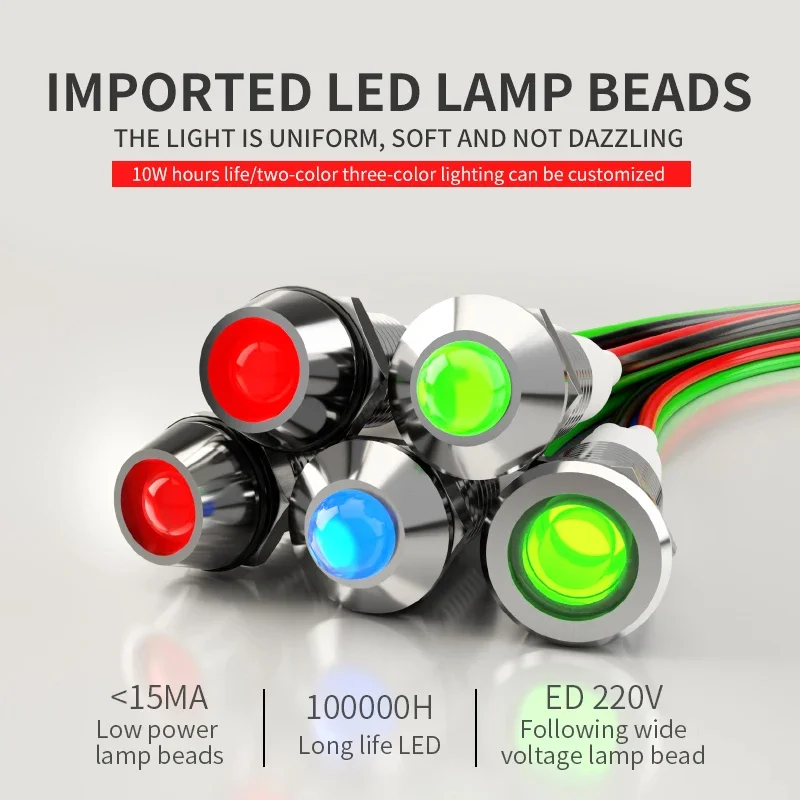 FILM 10mm Metalen Indicator Licht Signaallamp Pilot licht Met Draad Waterdicht IP67 12V 24V Rood/Geel/Blauw/Groen/Wit