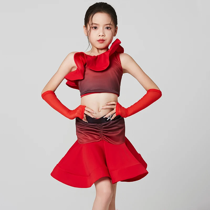 2023 New Ballroom Dance Competition Costume Girls Red Ruffled Latin Top Skirts Kids Performance Latin Dancing Clothes XS6823