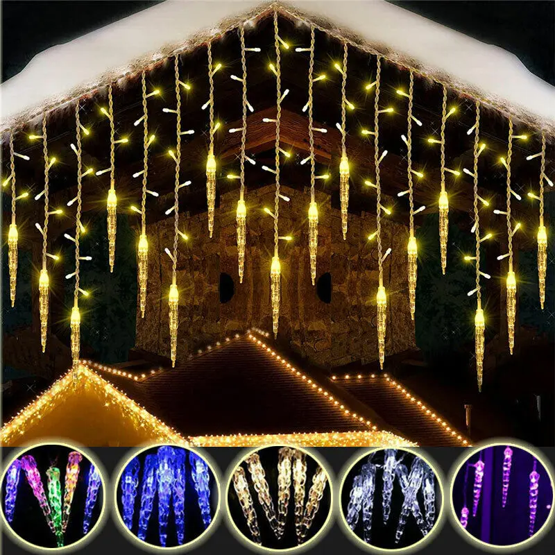 Christmas 96LED Icicle Fairy Lights With 16 Drops 8 Modes Window Curtain Light Outdoor Garden Party String Lights EU US UK Plug