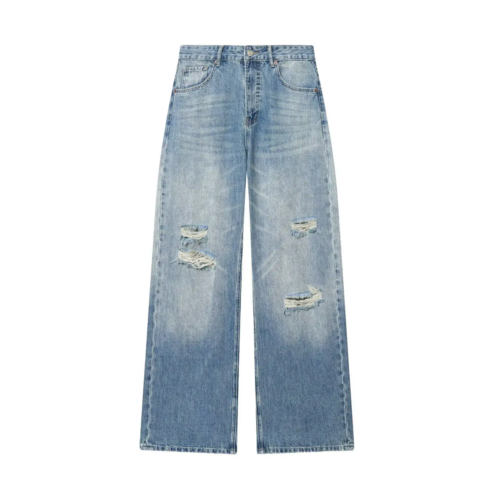 

Blue Ripped Loose Straight Leg Jeans For Women Trendy European Style Rolled Cuff Loose Casual Denim Trousers