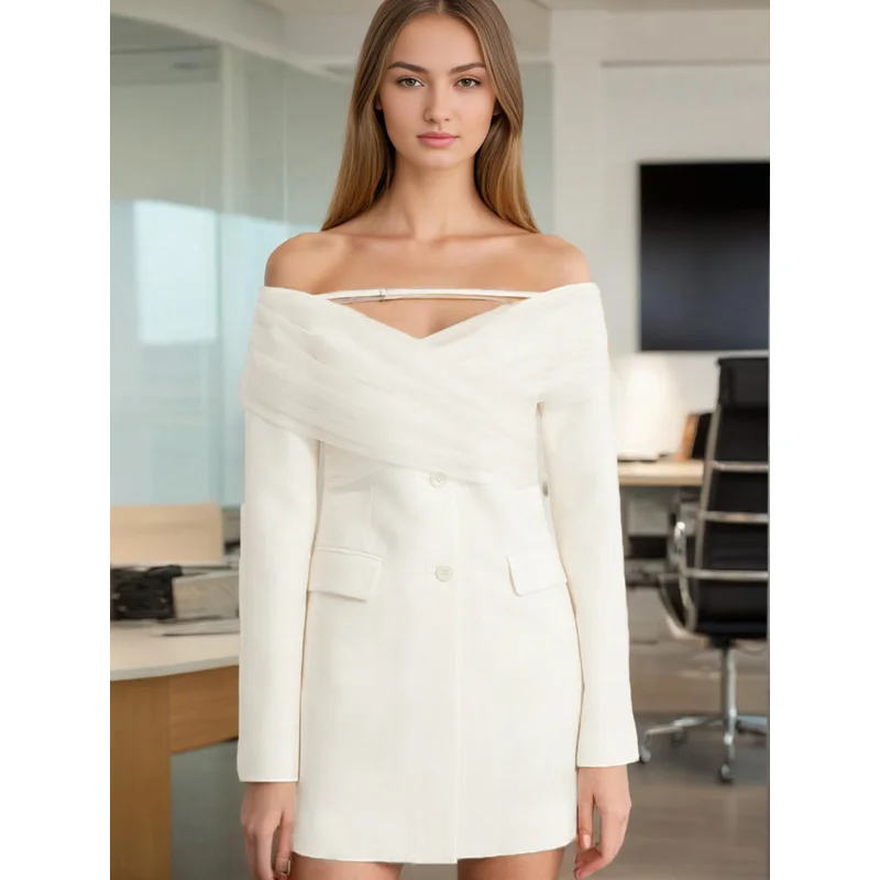 

Sexy Off The Shoulder Suit 2025 Patchwork Mesh Single Breasted Slim Long Blazer Work Office Suit Outwear Women