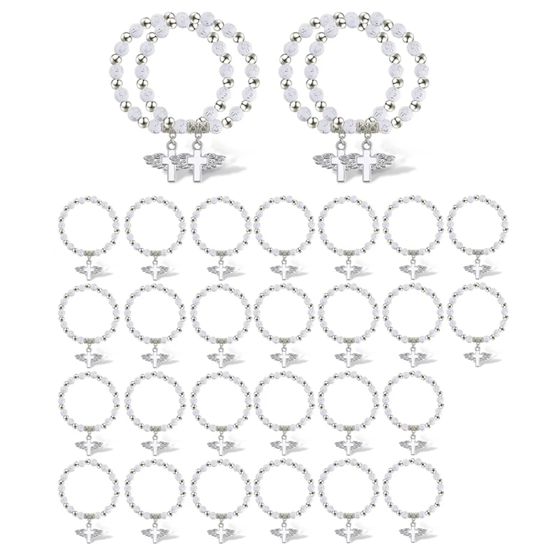 ABXH 30 ชิ้น Angel Wing Rosary สร้อยข้อมืออะคริลิค Baptism สร้อยข้อมือลูกปัดสําหรับ Baptism Favors Communion งานแต่งงาน