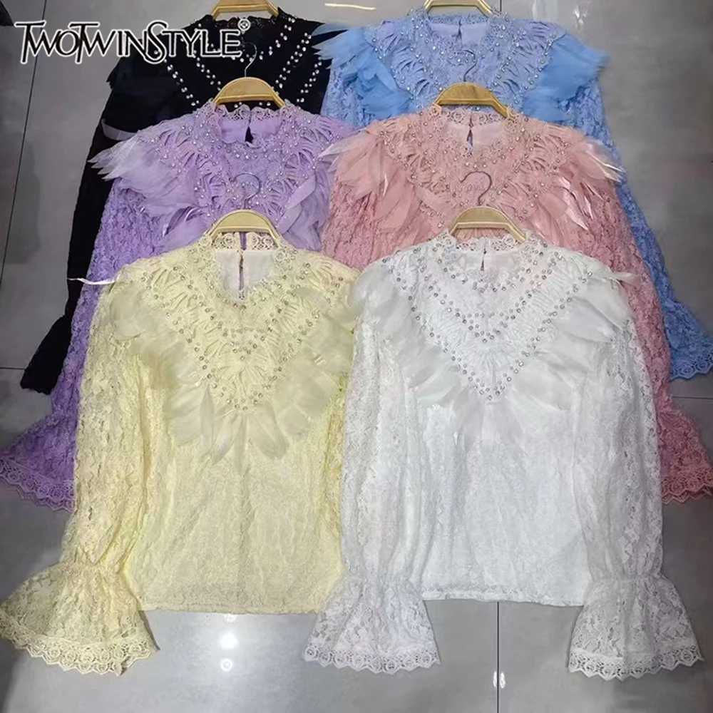 TWOTWINSTYLE Solid Lace Spliced Diamonds Blouses For Women Round Neck Long Sleeve Spring Elegant Shirts Female Style KBL553148
