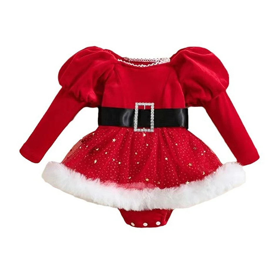 

Toddler Christmas Puff Sleeve Bodysuits Baby Girls New Year Red Rompers Dress Newborn Cute Xmas Theme Party Jumpsuit Outfits