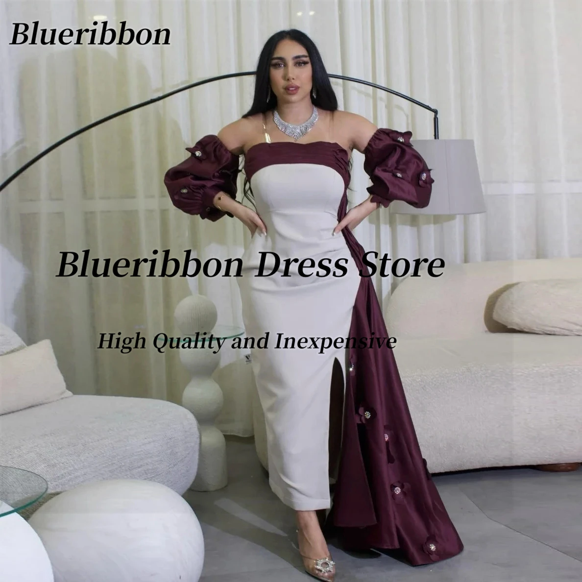 

Blueribbon Ankle Length Side Slit Prom Dresses Customized Flowers Long Flutter Vestidos Des Fiesta Short Sleeves Evening Gowns