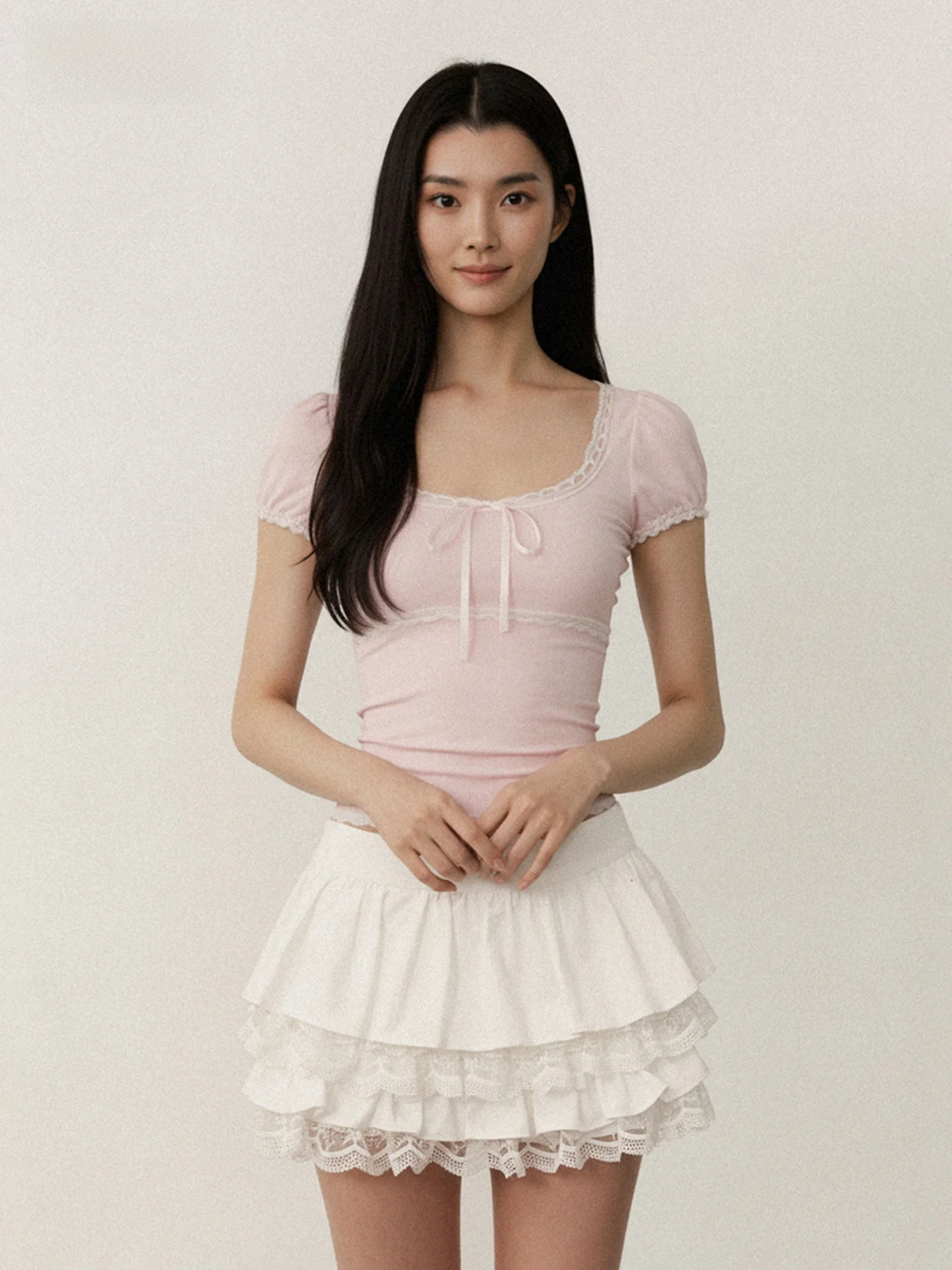 

Футболка Pure Desire Girl's с розовой кружевной отделкой, рукавами-фонариками, круглым вырезом, коротким рукавом, эластичная, облегающая, с узлом, повседневный топ