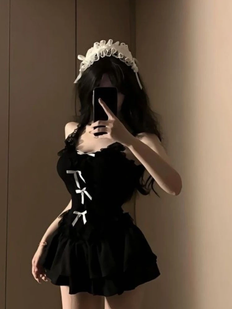 Gothic Lolita Kawaii 2 Piece Skirt Sets Y2k Bow Lace Slim Sleeveless Tops + Sweet Cake Mini Skirts 2000s Harajuku Vintage Suits