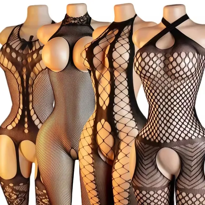 Open Breast Style Undershirts Women Sexy Outfits Black Erotic Mesh Underwear Bodystocking Crotchless Bold Lingerie Lace-up Bras