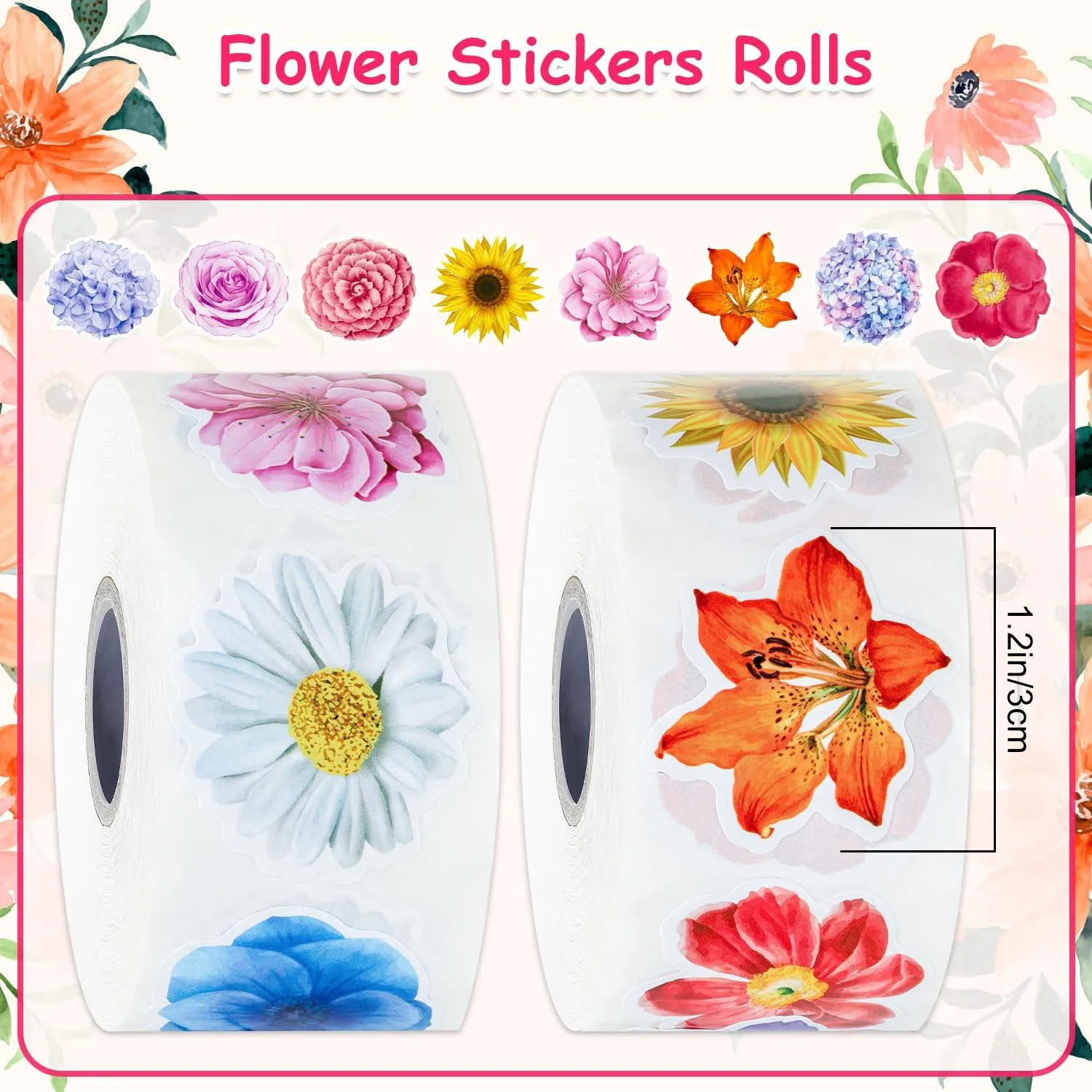 1000Pcs Flower Stickers Roll for Kids, Flower Roll Sticker For Scrapbooks, Water Bottle, Present Boxes Decorations(16 Styles)