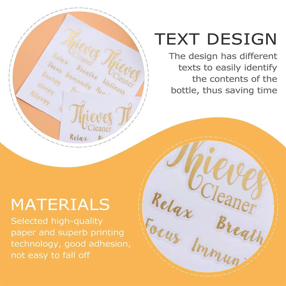 

8 Sheets Essential Oil Bottle Stickers Gold Letters Clear Print Waterproof Oil Resistant Self Adhesive Labels for Easy Bottle