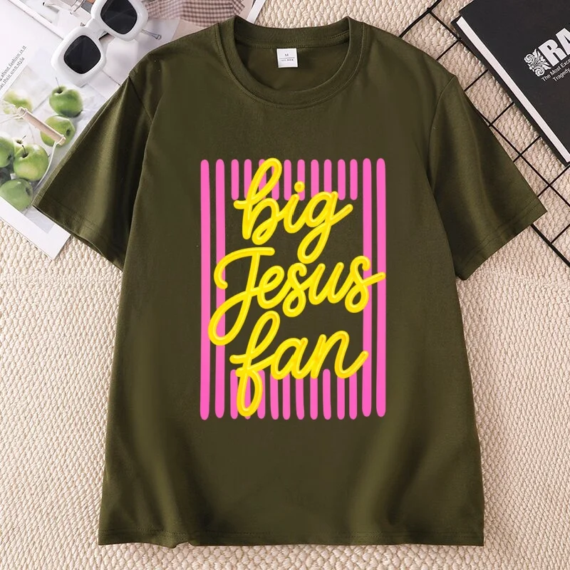 Big Jesus Fan T Shirt Casual Womens Religious T-shirt Christian Tshirt Faith Short Sleeve Round Neck Tees Woman Clothing Printed