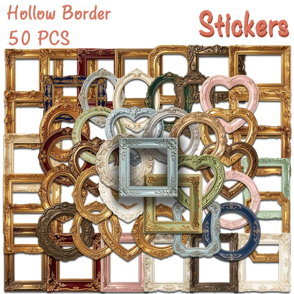 50pcs Vintage Hollow Frame Stickers Ornate Baroque Picture Frame Border Decals For Scrapbook Journal Laptop Magazine Guitar