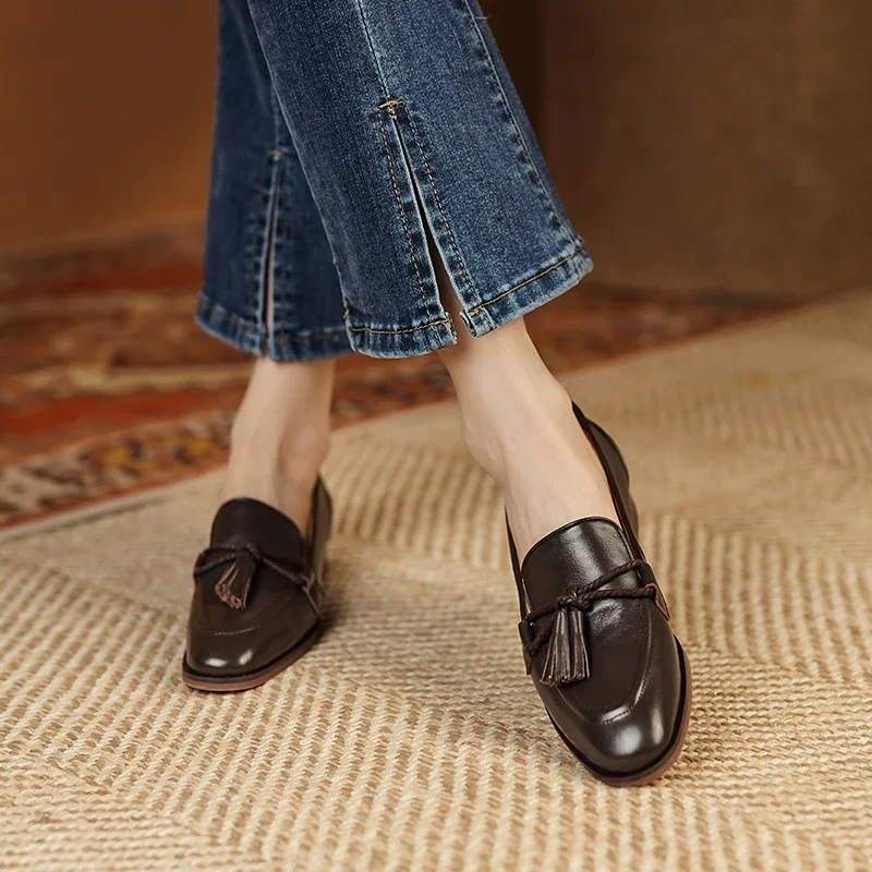 2023 Spring Genuine Leather Women Shoes Casual Slip-On Loafers Comfortable Simple  Square Toe  Woman