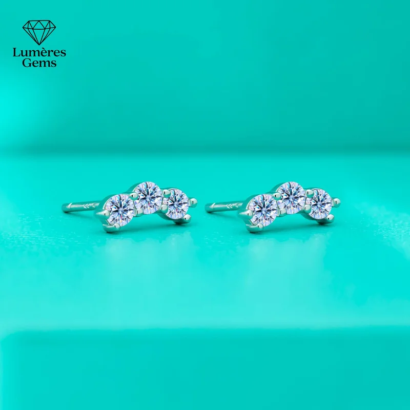 LumièRe Gems Platinum 950 Palladium Mosan Stone Ear Pendants For Women - Unique Design, Symmetrical Three-Diamonds, Exquisite