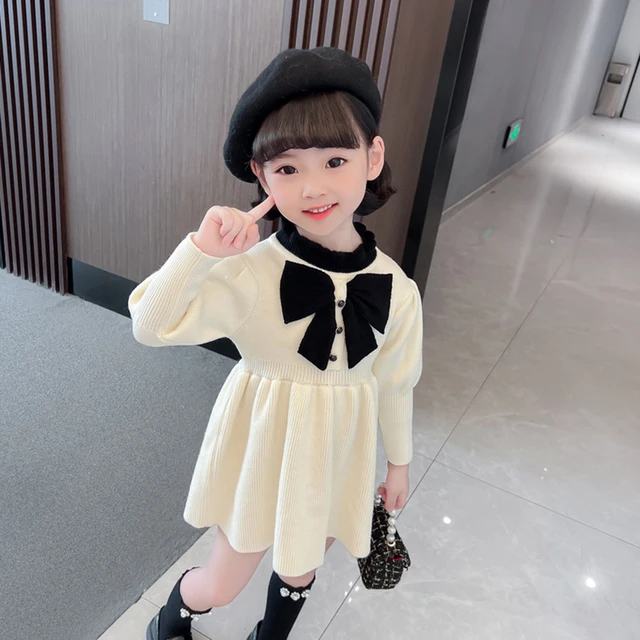 Girls Sweater Dress Big Bow Girls Knitted Dress Solid Color 