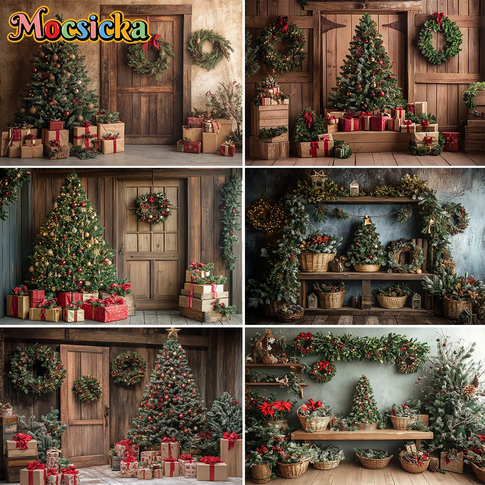 

Christmas Photography Backdrop Xmas Tree Wreath Elk Brick Wall Window Snow Scene Family Portrait Photo Background Props