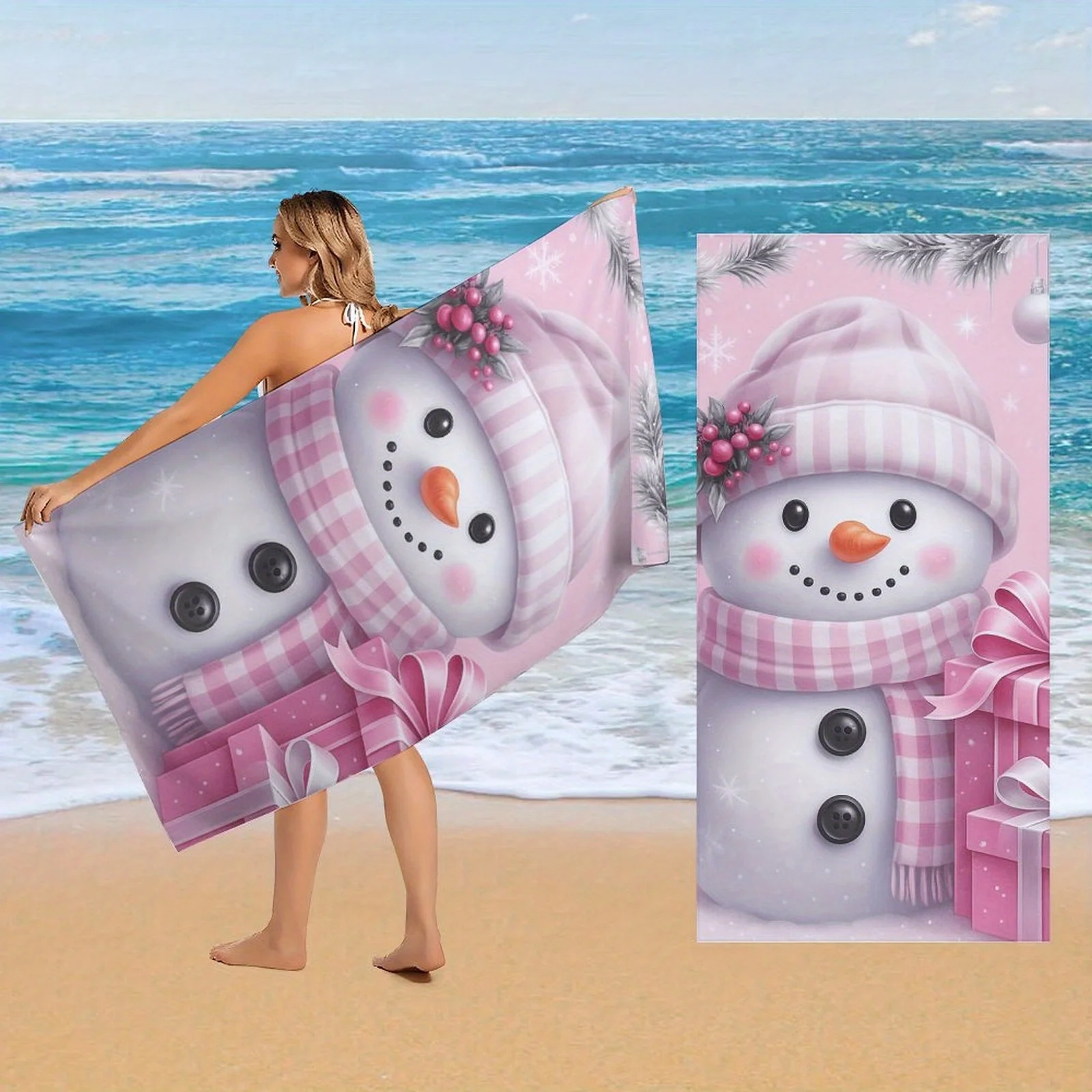 Large Winter Snowman Snowflake Print Microfiber Beach Towel Quick Dry Super Absorbent Machine Washable Towel For Swimming Pool G